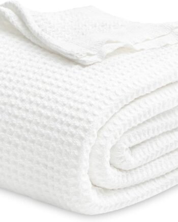 100% Cotton Blanket Queen Size for Bed - Breathable and Soft, Waffle Weave Blanket for Summer Spring, White, 90x90 Inches