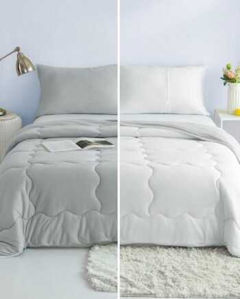 Reversible Queen Bed Comforter Set - Jersey Knit T-Shirt Feel Full Size Bedding 1 Down Blanket Quilt & 2 Pillow Sham - Ultra-Soft Fluffy Lightweight Cozy All Season Use (Light Gray and White)