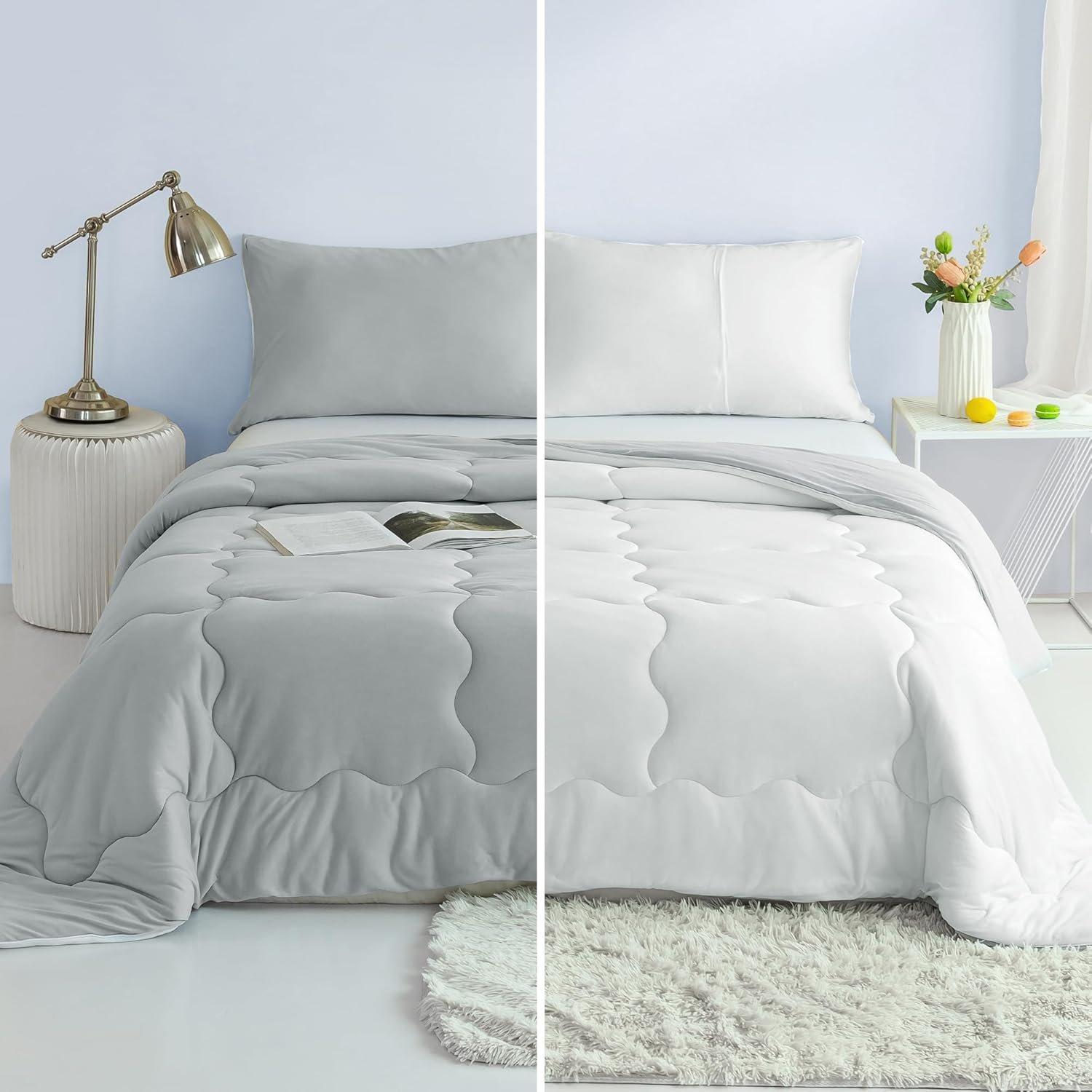 Reversible Queen Bed Comforter Set - Jersey Knit T-Shirt Feel Full Size Bedding 1 Down Blanket Quilt & 2 Pillow Sham - Ultra-Soft Fluffy Lightweight Cozy All Season Use (Light Gray and White)