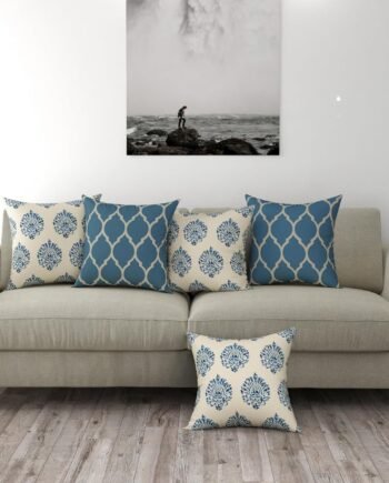 Set of 5 Premium 100% Cotton 12X12 Inch Cushion Covers Only for Sofa and Diwan | Small Cushion Pillow Covers Only (12X12 Inch | 30Cmx30Cm, Damask &  Blue) Set of 5, 180 TC