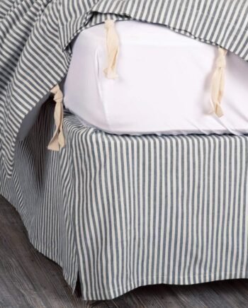 Farmhouse Ticking Stripe Blue King Bed Skirt, 100% Cotton