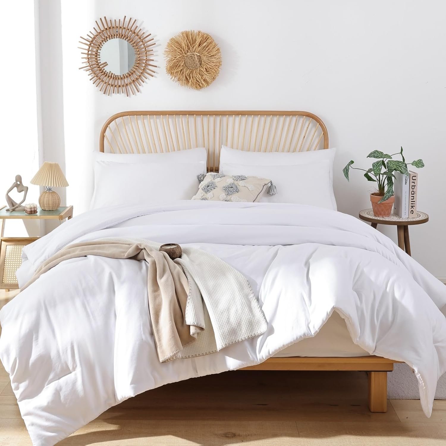 White Queen Comforter Set, 3pcs(1 Boho White Comforter & 2 Pillowcases) All Season Soft Bedding Lightweight Bedspread Blanket Quilt