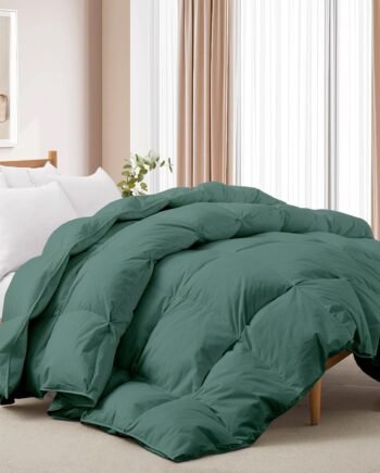 Duvet Down Duvet 155 x 220 cm, All-Year Duvet with Down Feathers, 1135 g, Fluffy Quilt, Sleeping Blanket, 100% Cotton Duvet Cover, Breathable and Washable,   Green