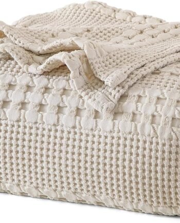 100% Cotton Waffle Weave Blanket King Size, Soft Lightweight Breathable Cozy Blankets for Bed, Luxury Aesthetic Woven Bedding for Home Decor, 108"x90", Oatmeal