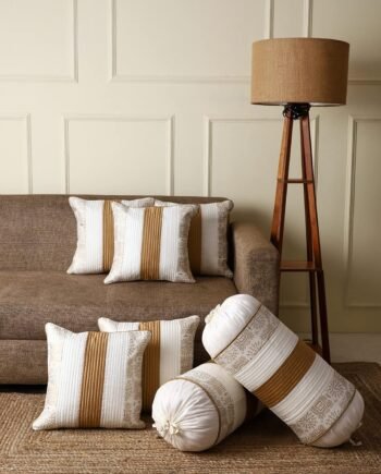 Combo Silk Traditional Striped & Rajasthani Warli Golden Hand Printed Pillow Cushion Covers 16x16 inches Set of 5 & Round Pillow Bolster Covers Set of 2 16x32 inches (Pack of 7,White)