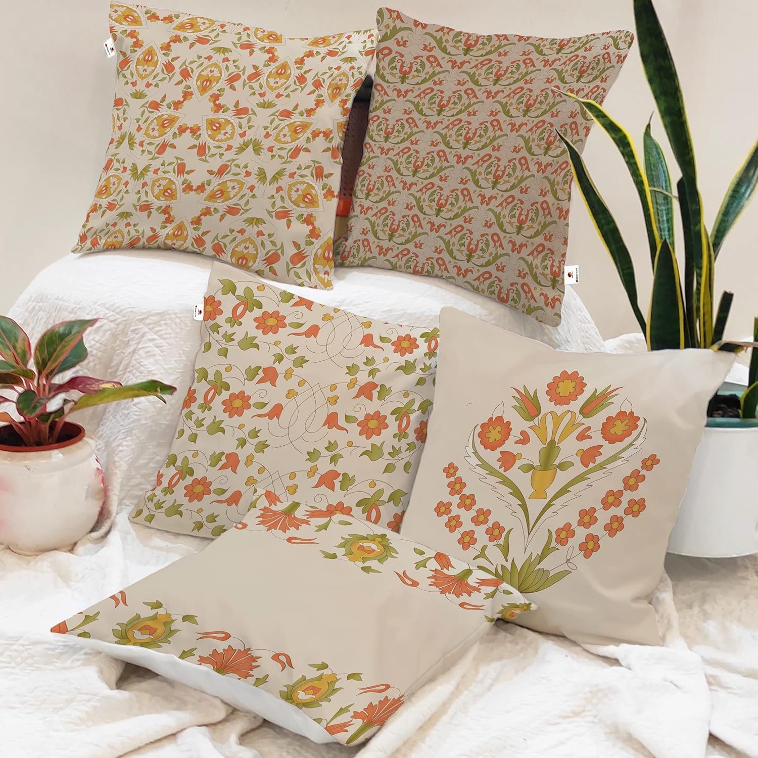 Leaf Printed Poly Cotton Cushion Covers, Set of 5 (12 x 12 Inches)