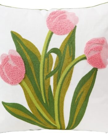 Embroidery Throw Pillow Cover 18x18 Home Decor Tulip Flower Loop Embroidered Floor Pillow Cover for Couch 100% Cotton Canvas Pillow Case Floral Cushion Cover 45x45cm, Pink Tulip, 1 Piece