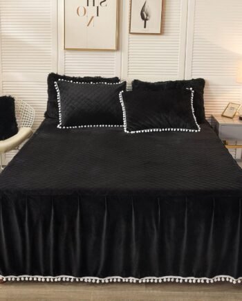 Luxury Pompoms Velvet Bed Skirt, 18 Inch Drop Dust Ruffle Soft Cozy Wrap Around Bed Skirt, Diamond Quilted Fitted Bed Sheet with Skirt, Beddiing Decor Fringe Bedspread(King, Black)