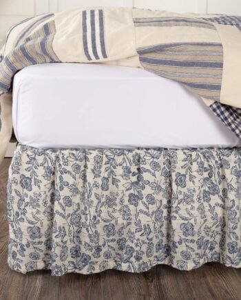 Size Floral Bed Skirt w/ 16" Drop, Blue & Cream Gathered Dust Ruffle, Country Cottage, Vintage Farmhouse Bedroom Décor