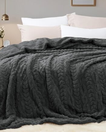 Fluffy Sherpa Blanket Queen Size for Winter, Warm and Soft, 510 3D Jacquard Thick Shaggy Fleece Plush Blanket for Sofa Bed, Dark Grey, 90"x90"