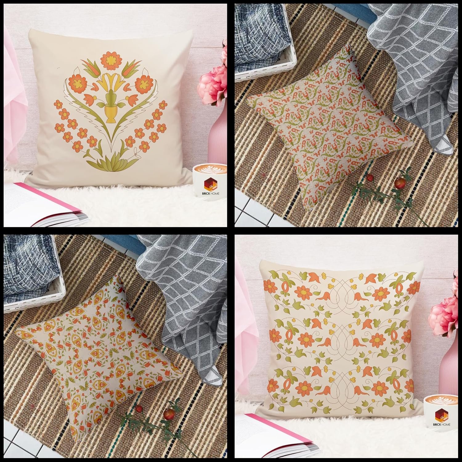 Leaf Printed Poly Cotton Cushion Covers, Set of 5 (12 x 12 Inches)