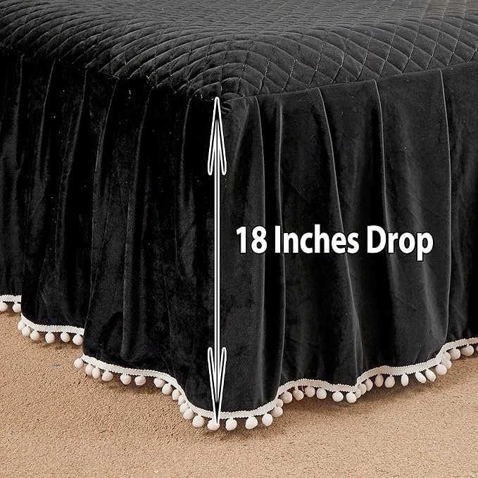 Luxury Pompoms Velvet Bed Skirt, 18 Inch Drop Dust Ruffle Soft Cozy Wrap Around Bed Skirt, Diamond Quilted Fitted Bed Sheet with Skirt, Beddiing Decor Fringe Bedspread(King, Black)