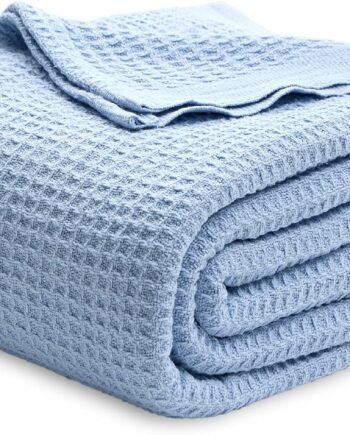 100% Cotton Blanket Queen Size for Bed - Breathable and Soft, Waffle Weave Blanket for Summer Spring, Sky Blue, 90x90 Inches