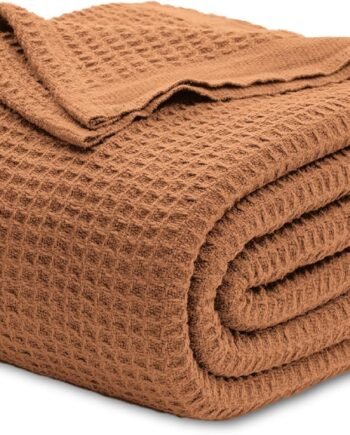 100% Cotton Blanket Queen Size for Bed - Breathable and Soft, Waffle Weave Blanket for Summer Spring, Orange, 90x90 Inches